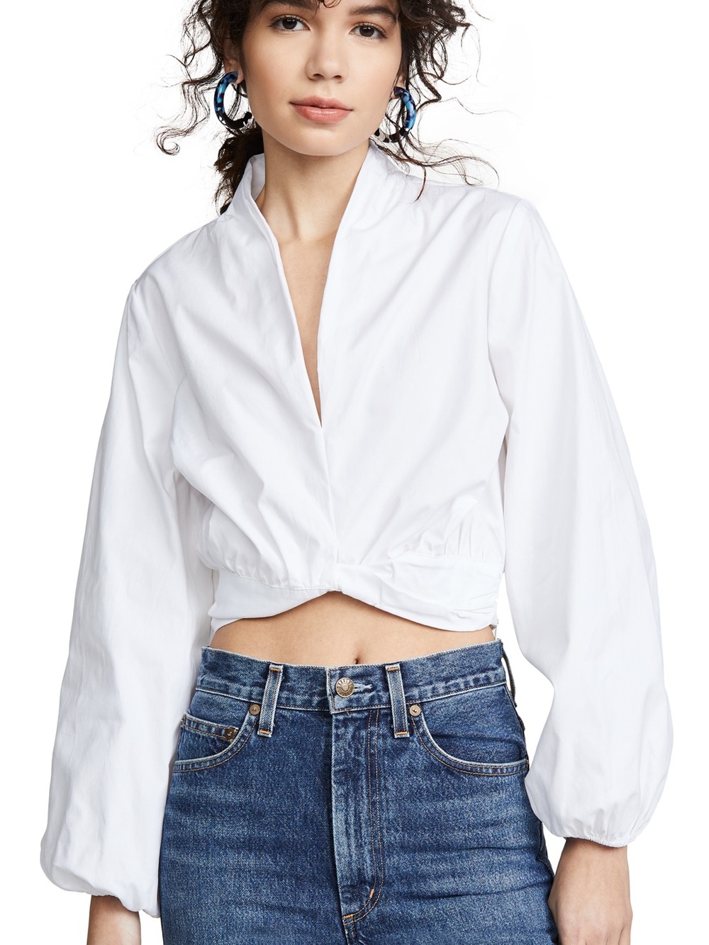 70/21 Crisp White Cropped V-Neck Balloon Sleeve Top Size S Minimalist Summer